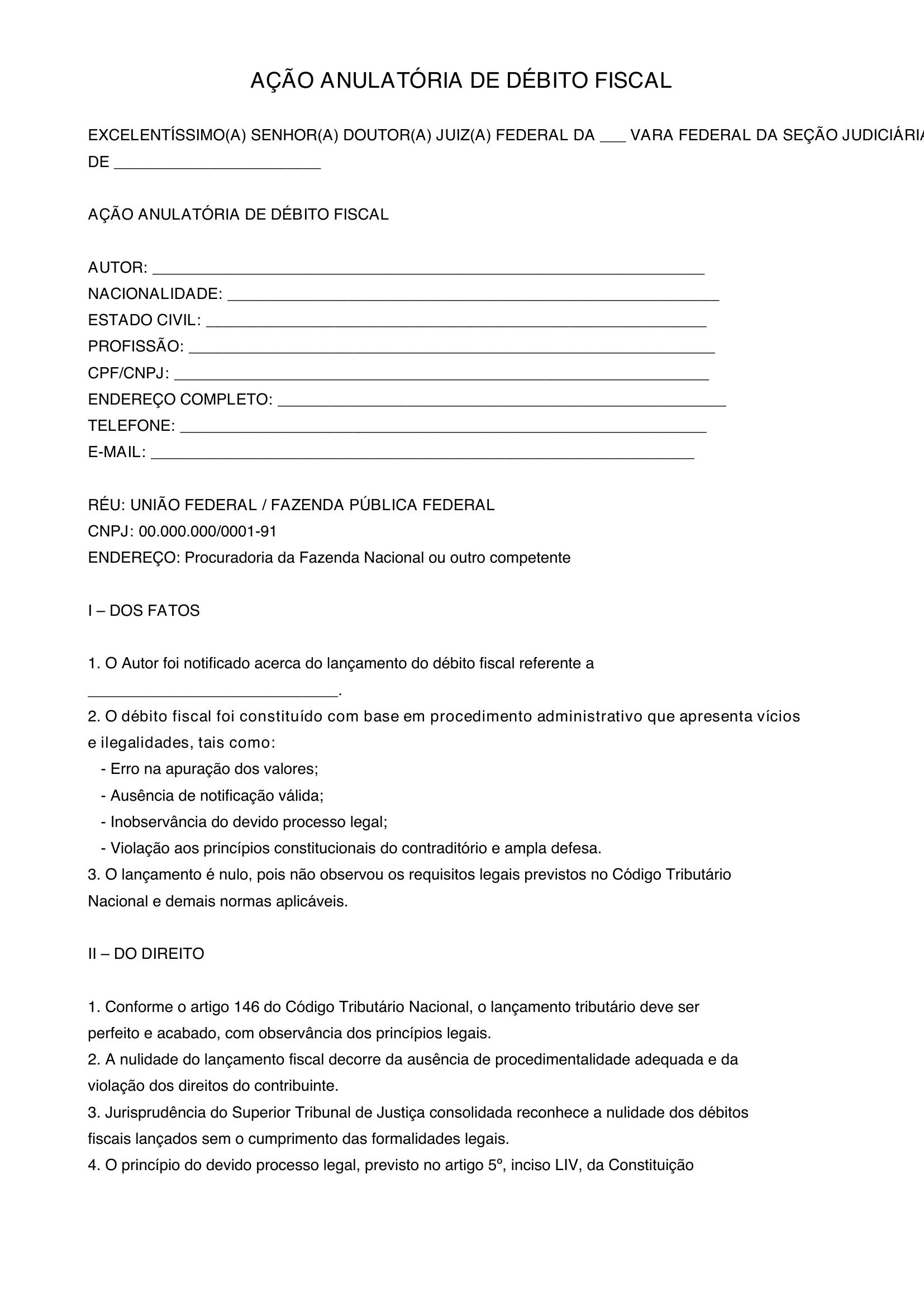 Modelo De Ação Anulatória De Débito Fiscal