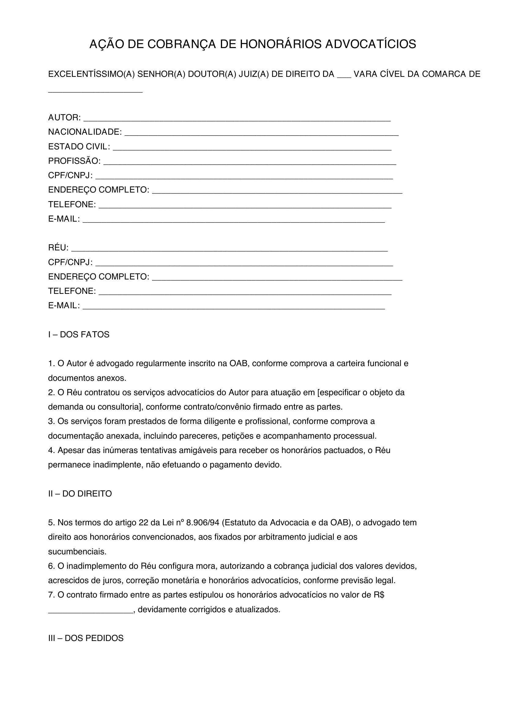 Modelo De Ação De Cobrança De Honorários Advocatícios