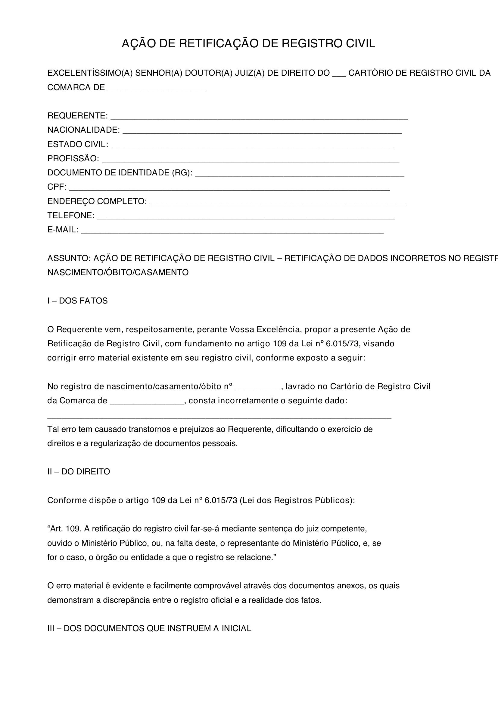 Modelo De Ação De Retificação De Registro Civil