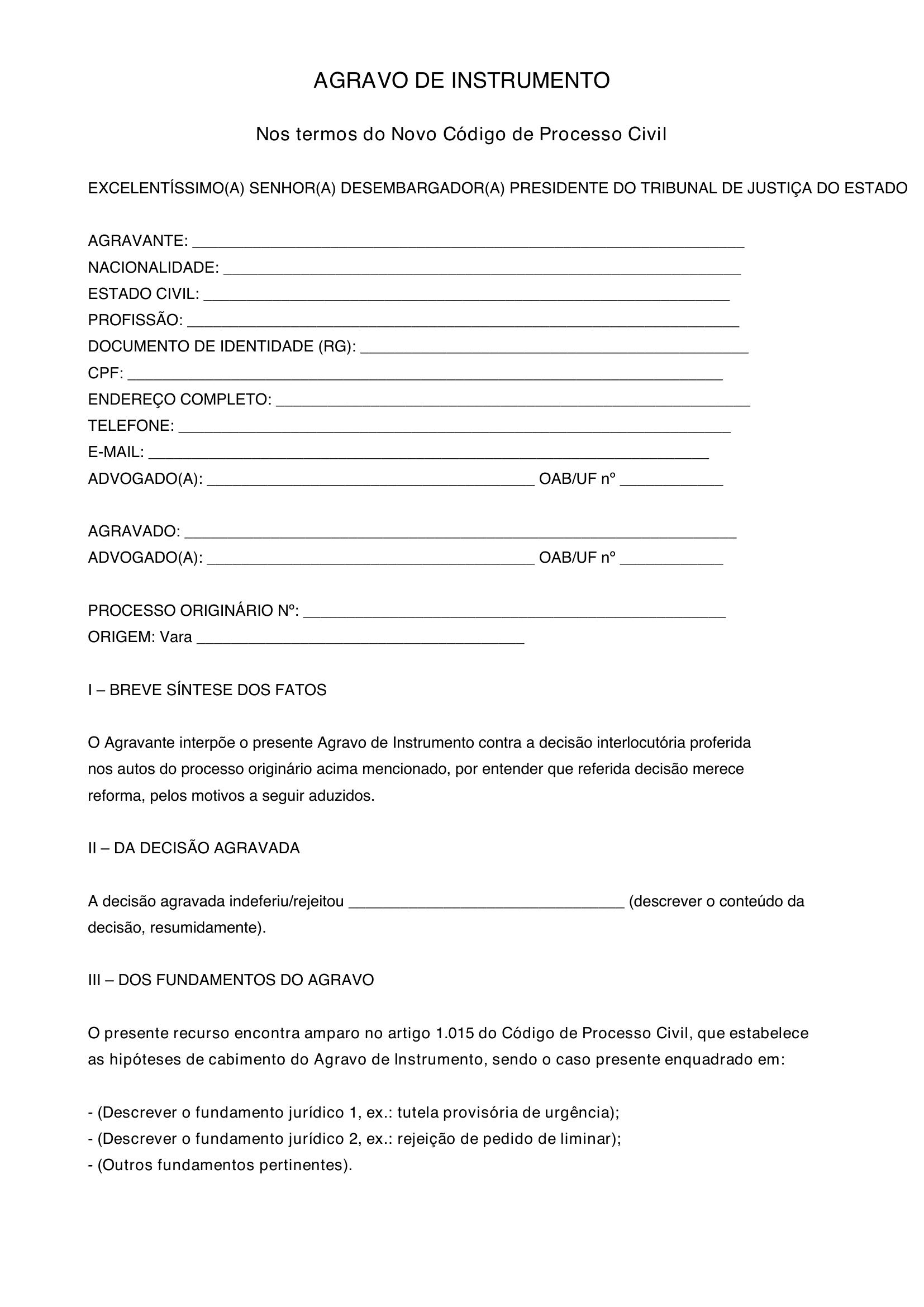 Modelo Agravo De Instrumento Novo Cpc
