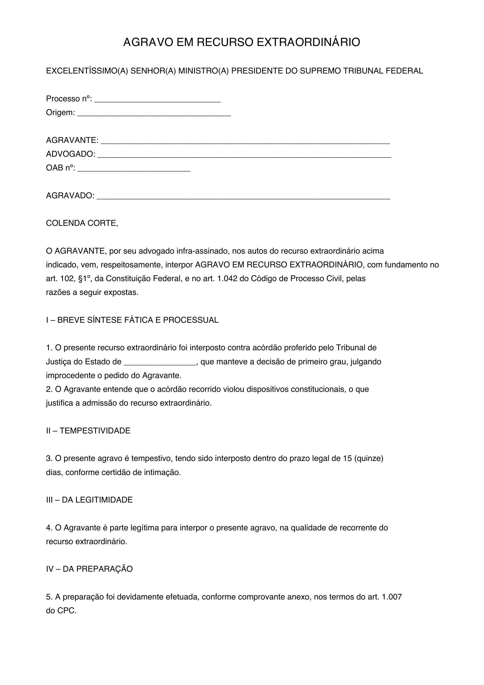Agravo Em Recurso Extraordinário Modelo