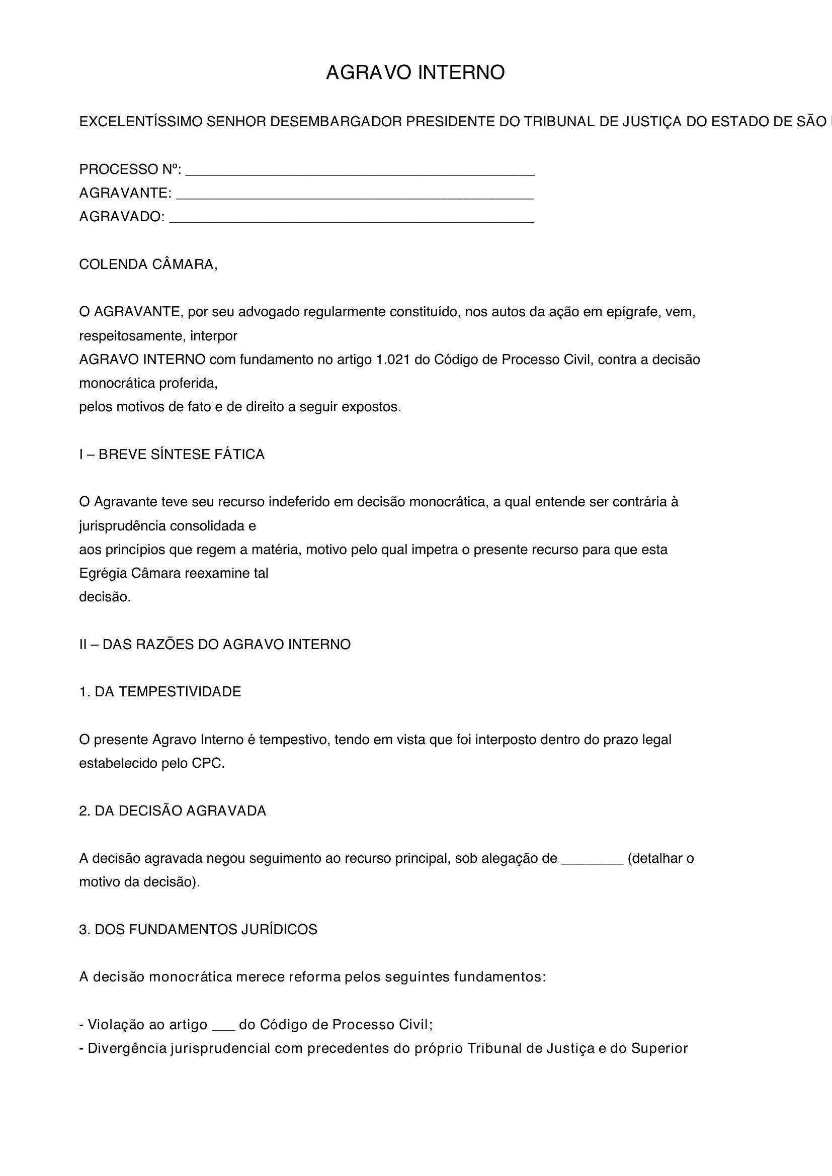 Modelo Agravo Interno Tjsp
