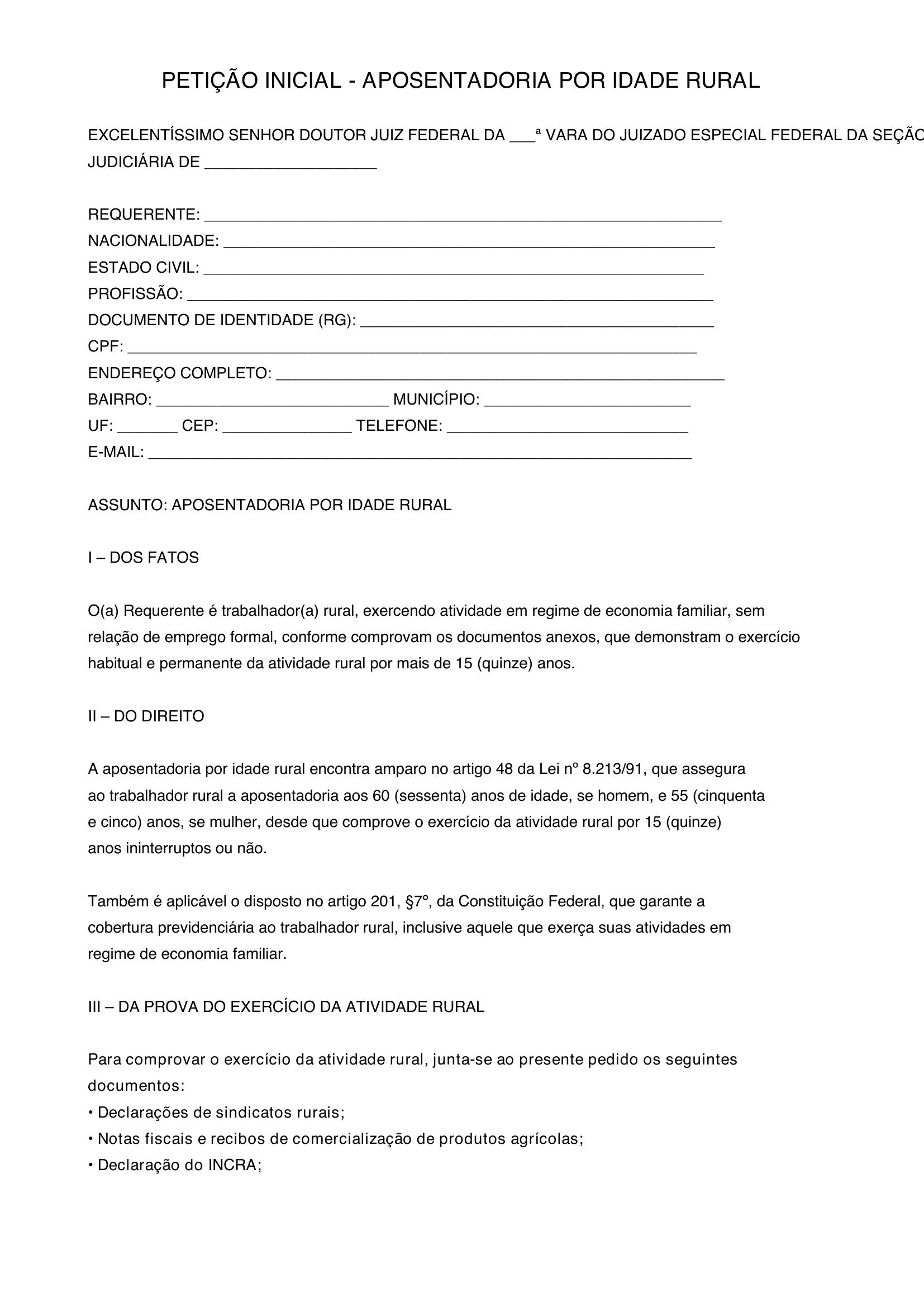 Modelo Aposentadoria Por Idade Rural