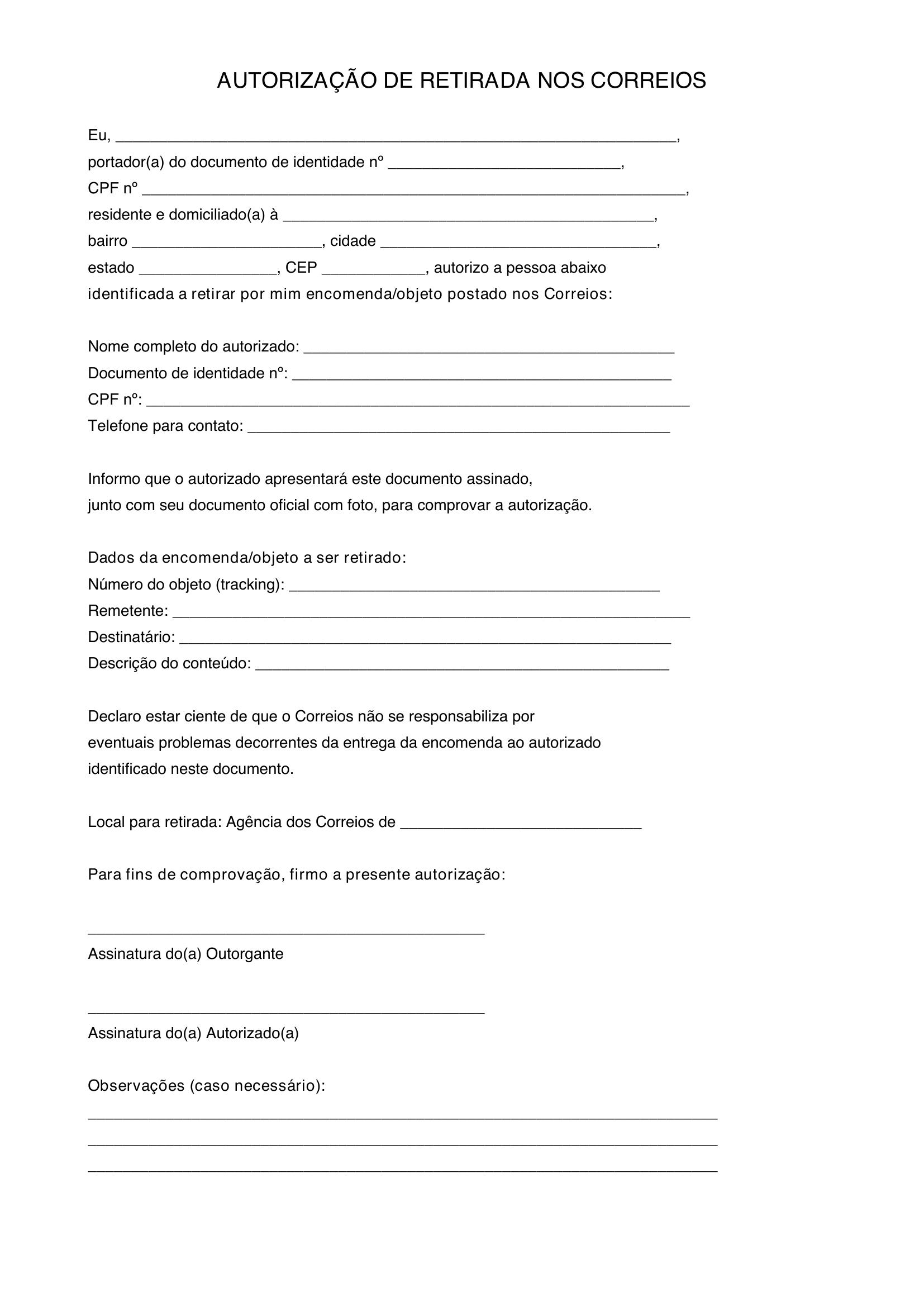 Modelo De Autorização De Retirada Correios