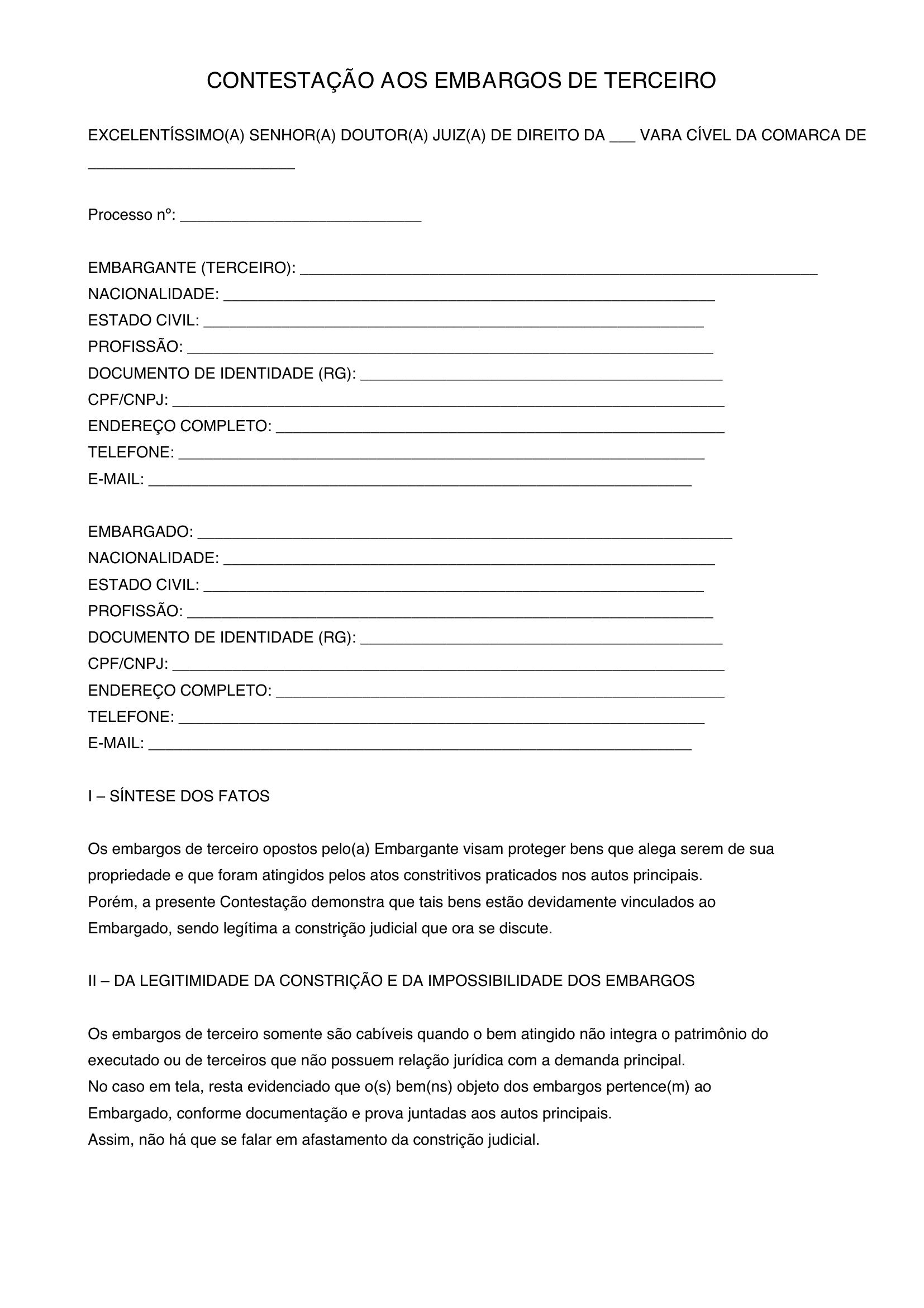 Modelo Contestação Embargos De Terceiro