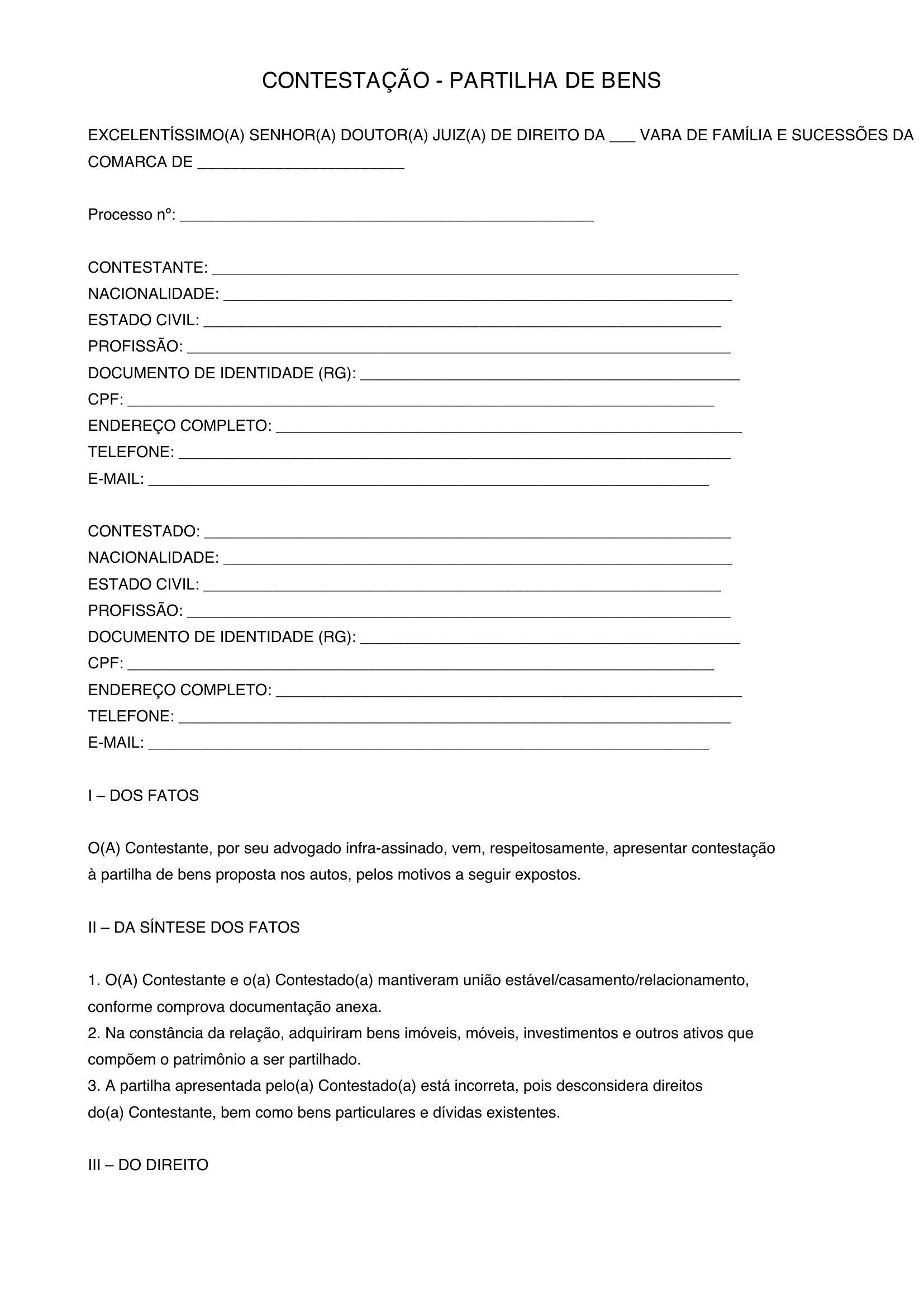 Modelo Contestação Partilha De Bens