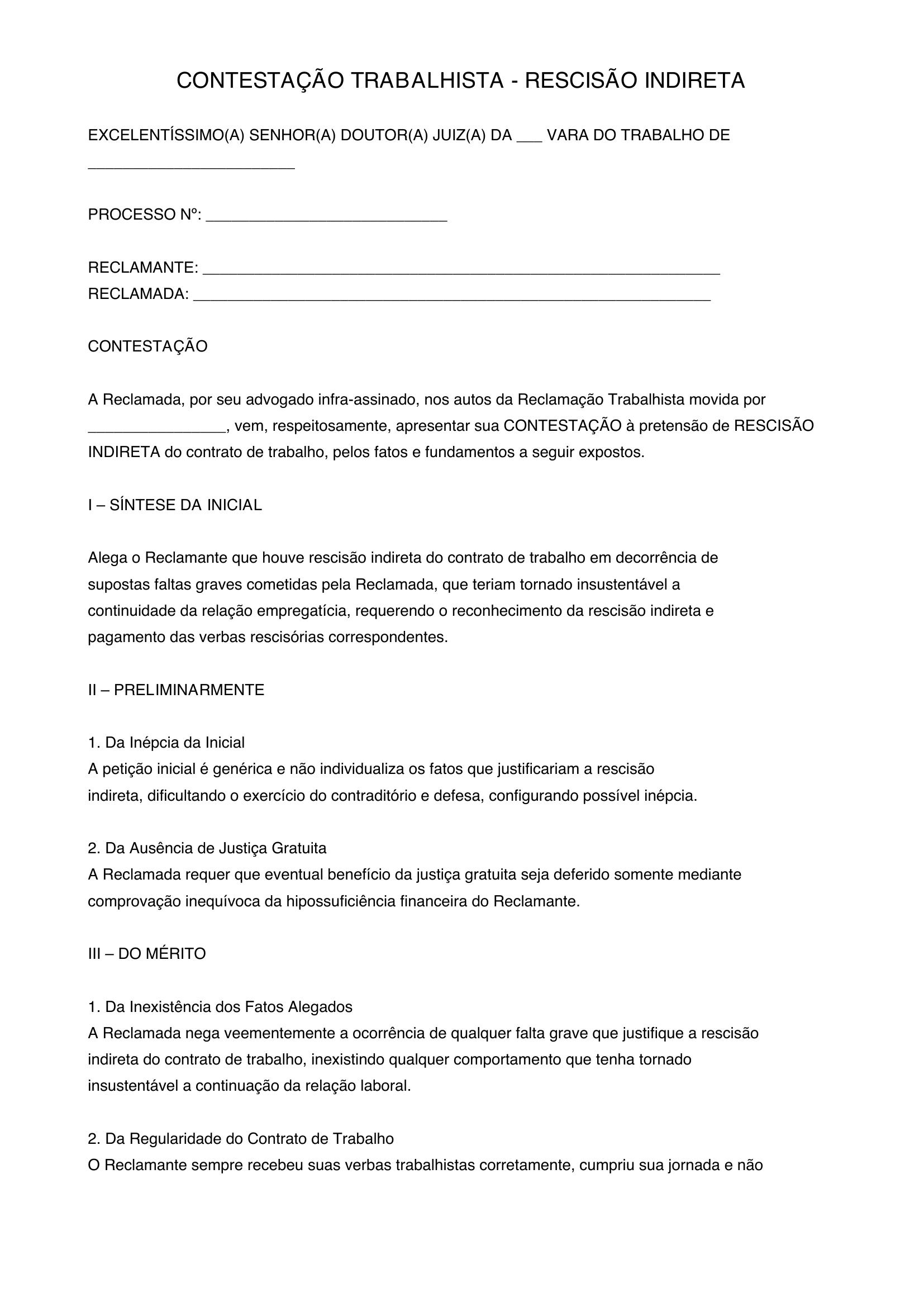 Modelo De Contestação Trabalhista Rescisão Indireta