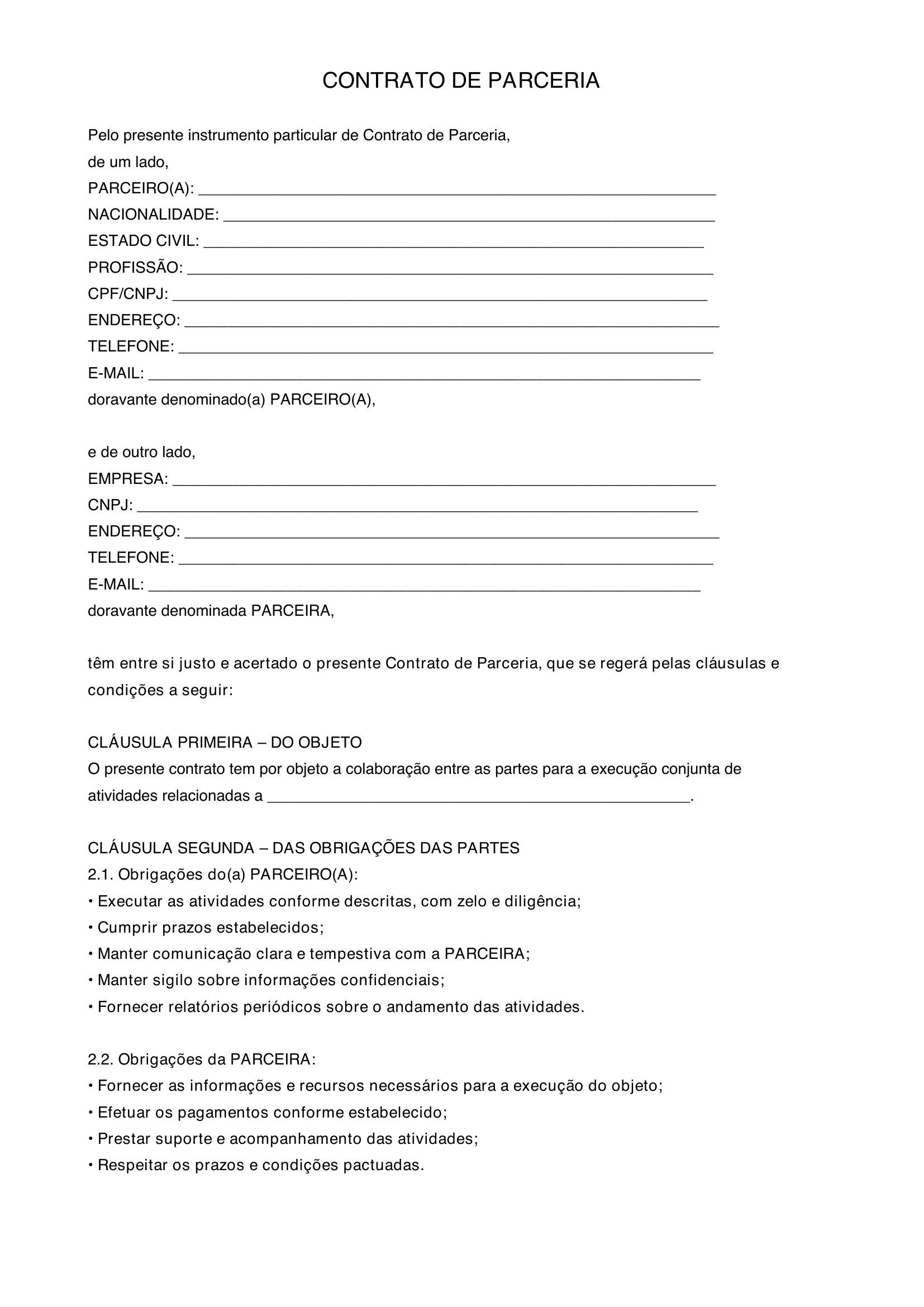 Modelo De Contrato De Parceria