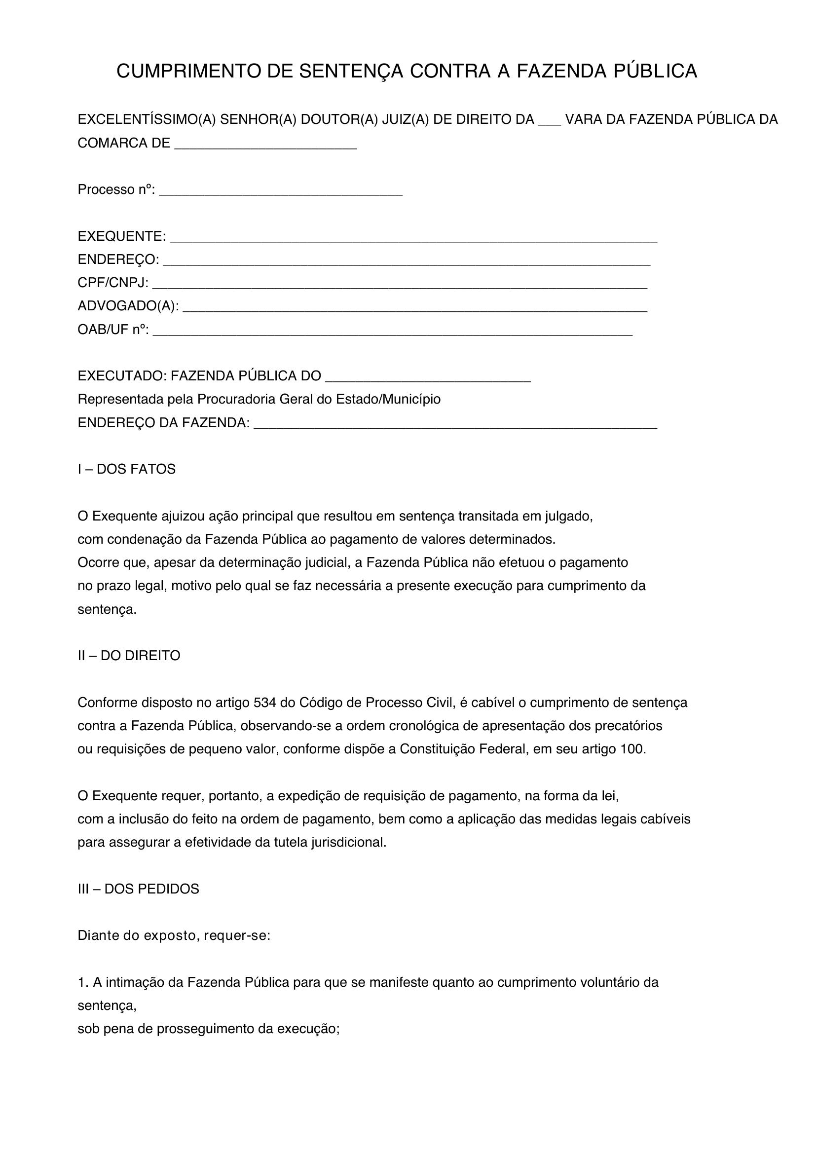 Modelo De Cumprimento De Sentença Contra A Fazenda Pública