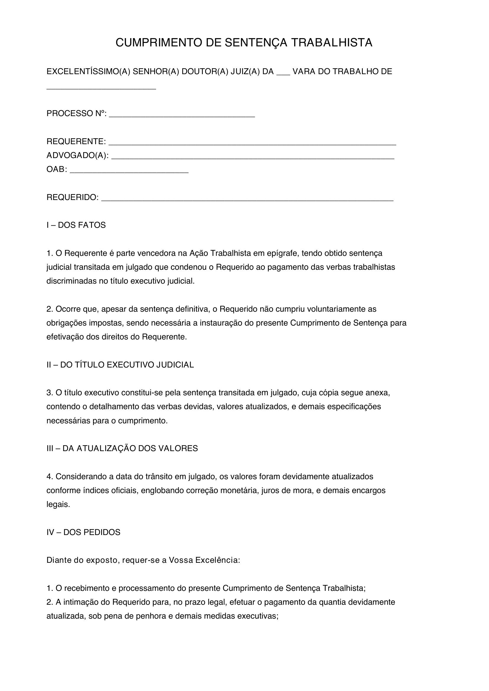 Modelo De Cumprimento De Sentença Trabalhista
