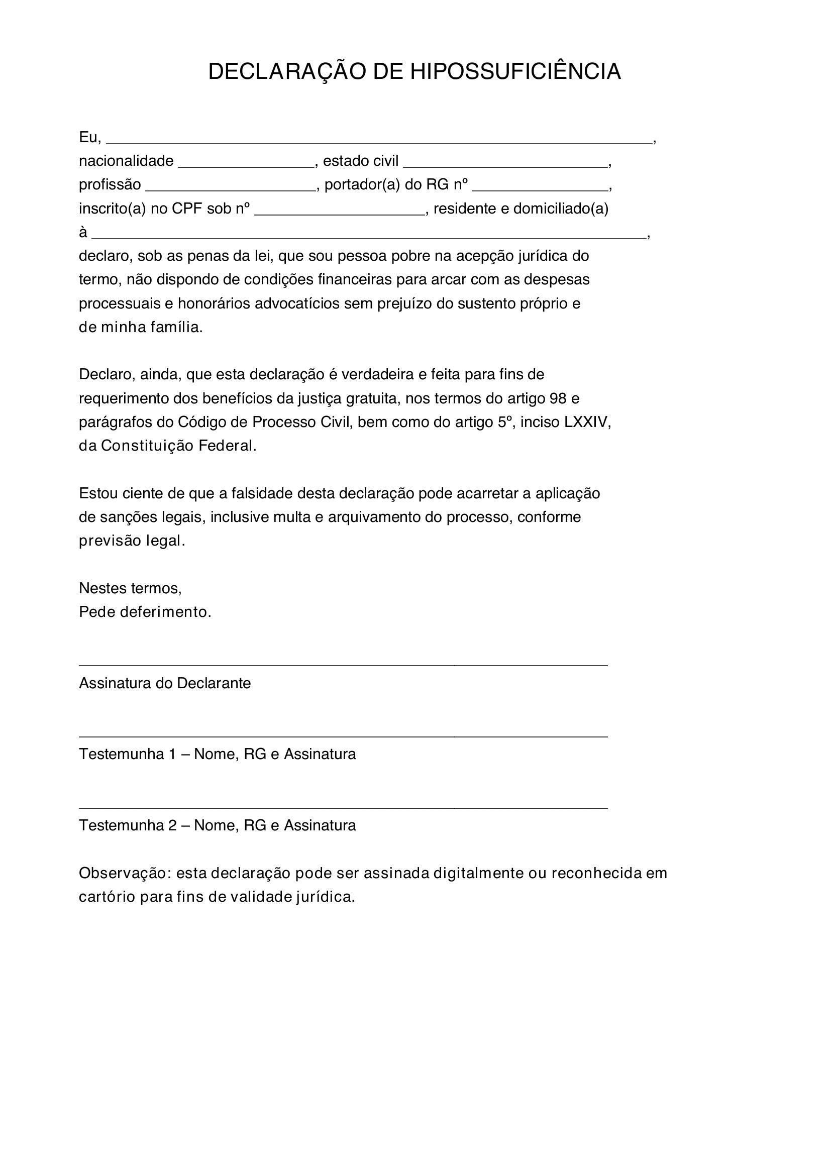 Modelo De Declaração De Hipossuficiencia