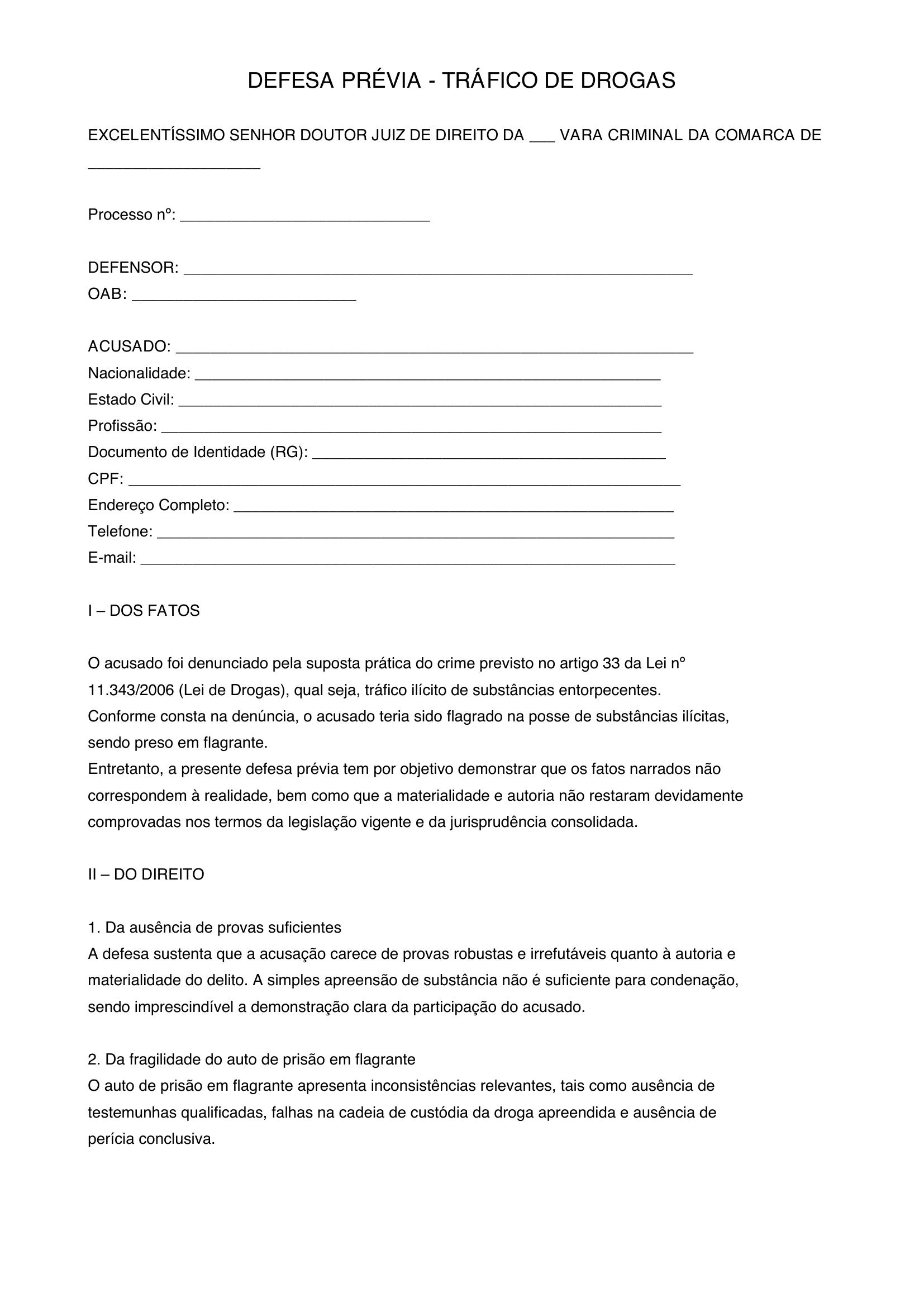 Modelo De Defesa Previa Trafico De Drogas