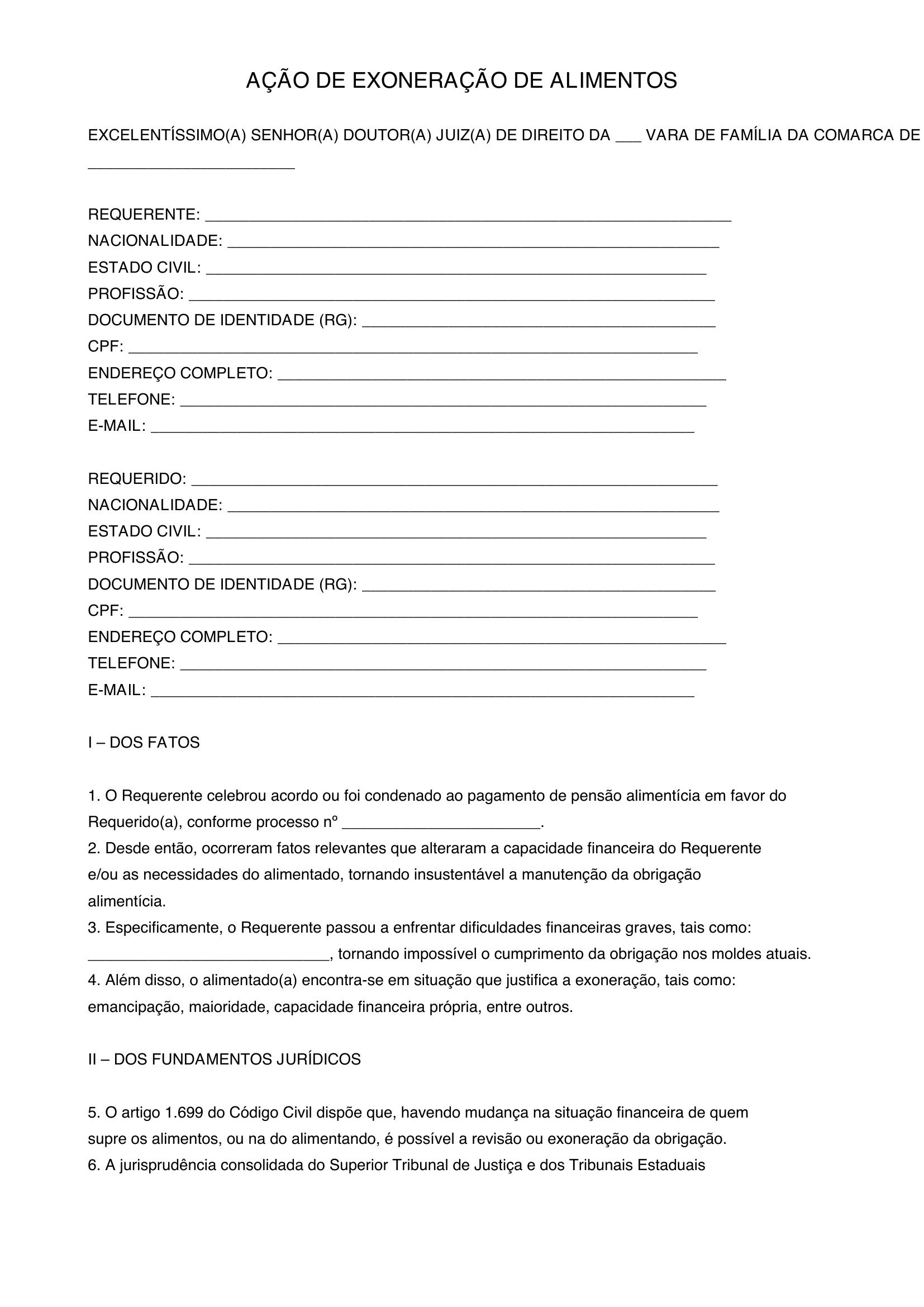 Modelo De Exoneração De Alimentos
