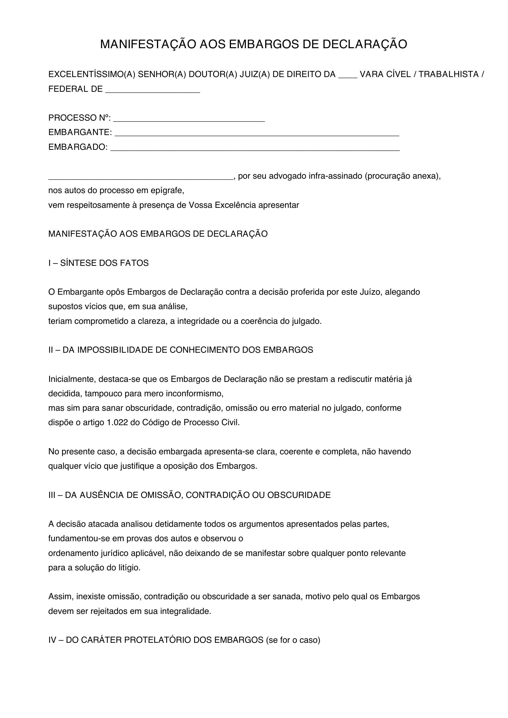 Modelo De Manifestação Aos Embargos De Declaração