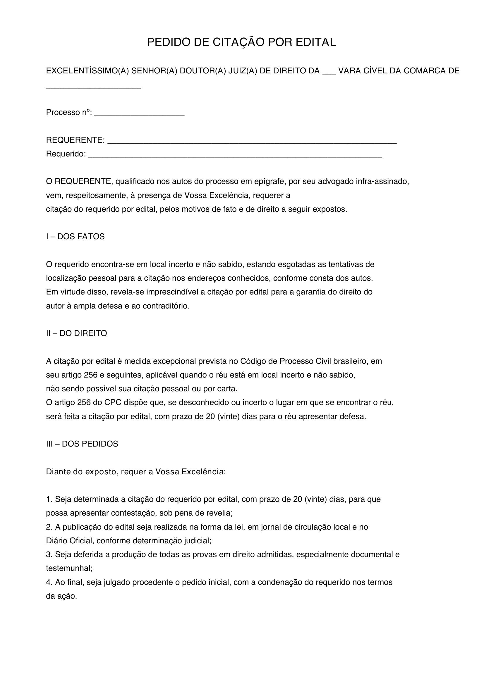 Modelo De Pedido De Citação Por Edital