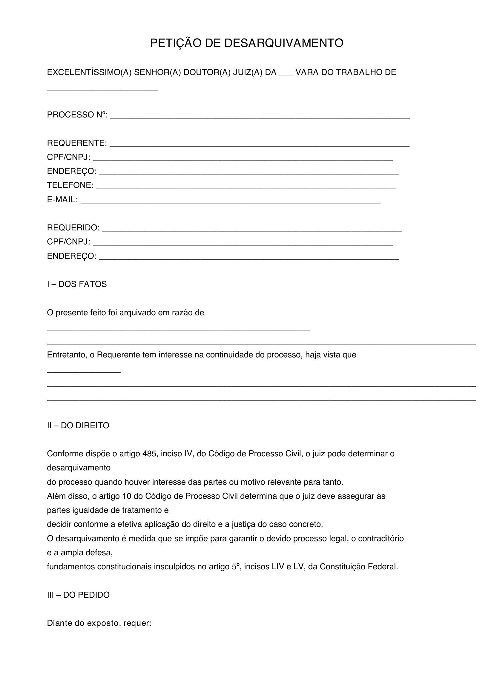 Modelo De Petição De Desarquivamento