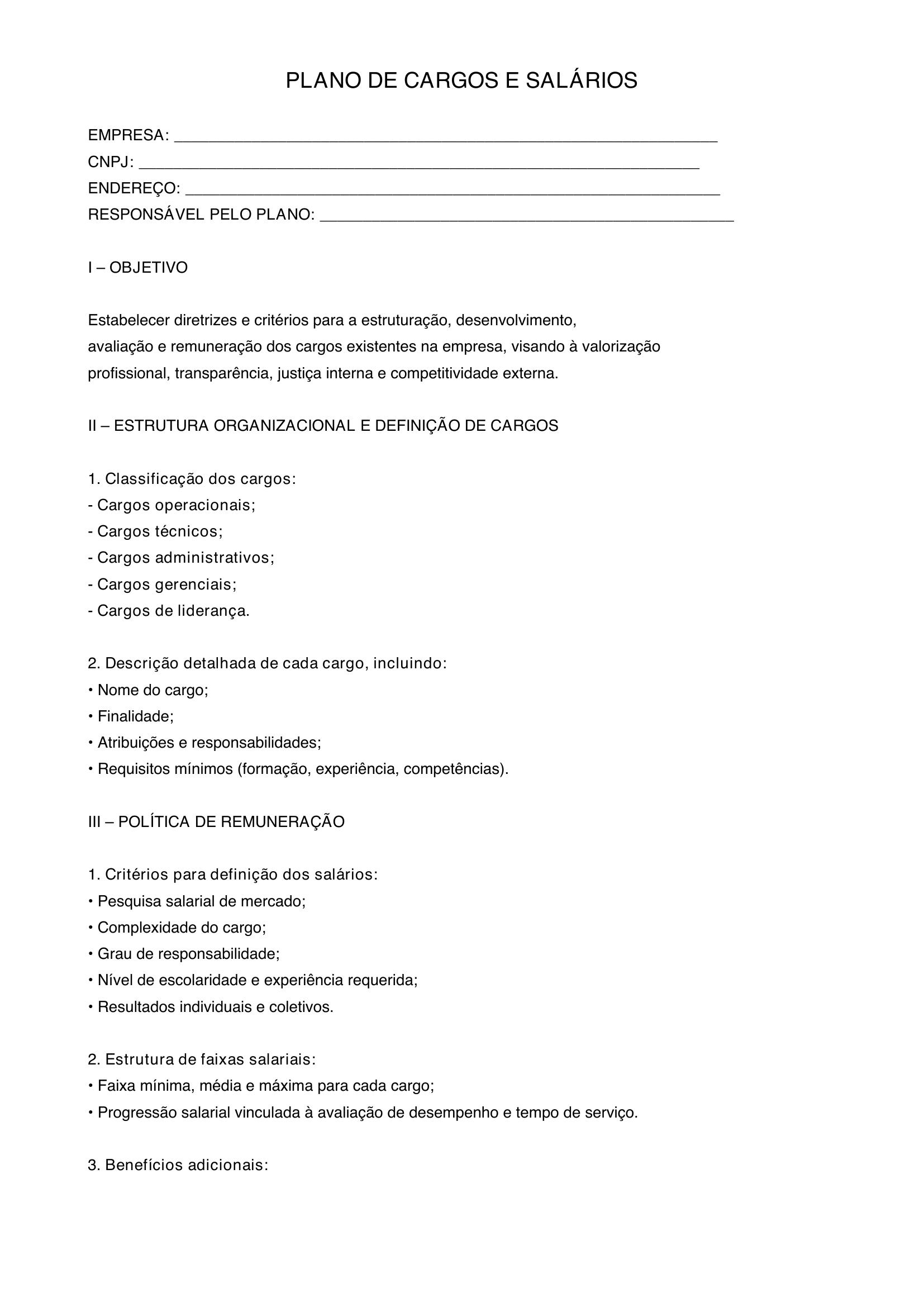 Modelo Plano De Cargos E Salários