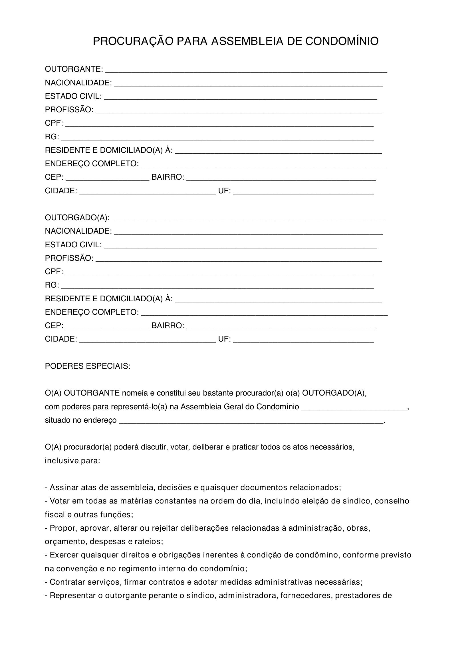 Modelo De Procuração Para Assembleia De Condomínio