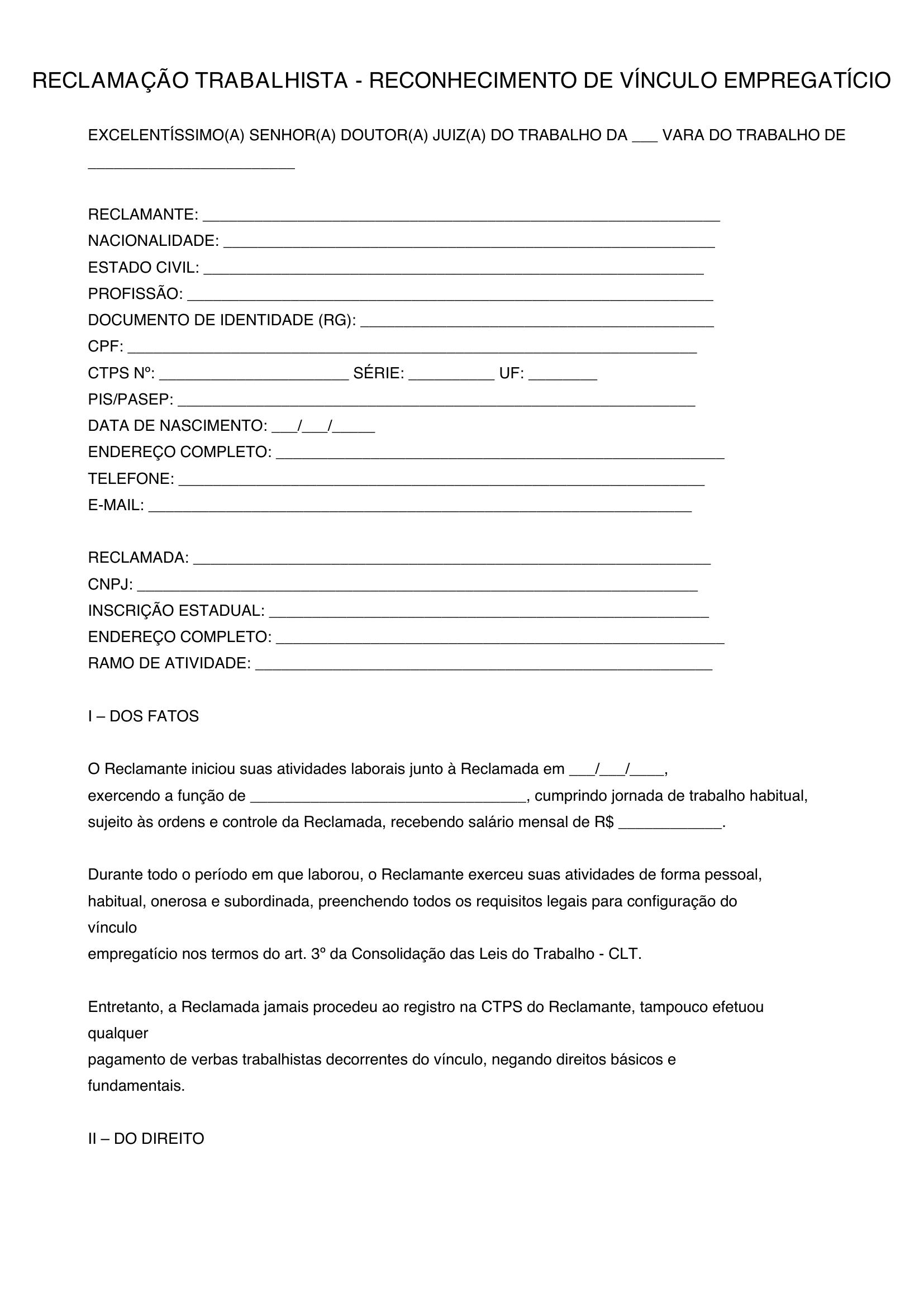 Modelo Reclamação Trabalhista Reconhecimento De Vinculo