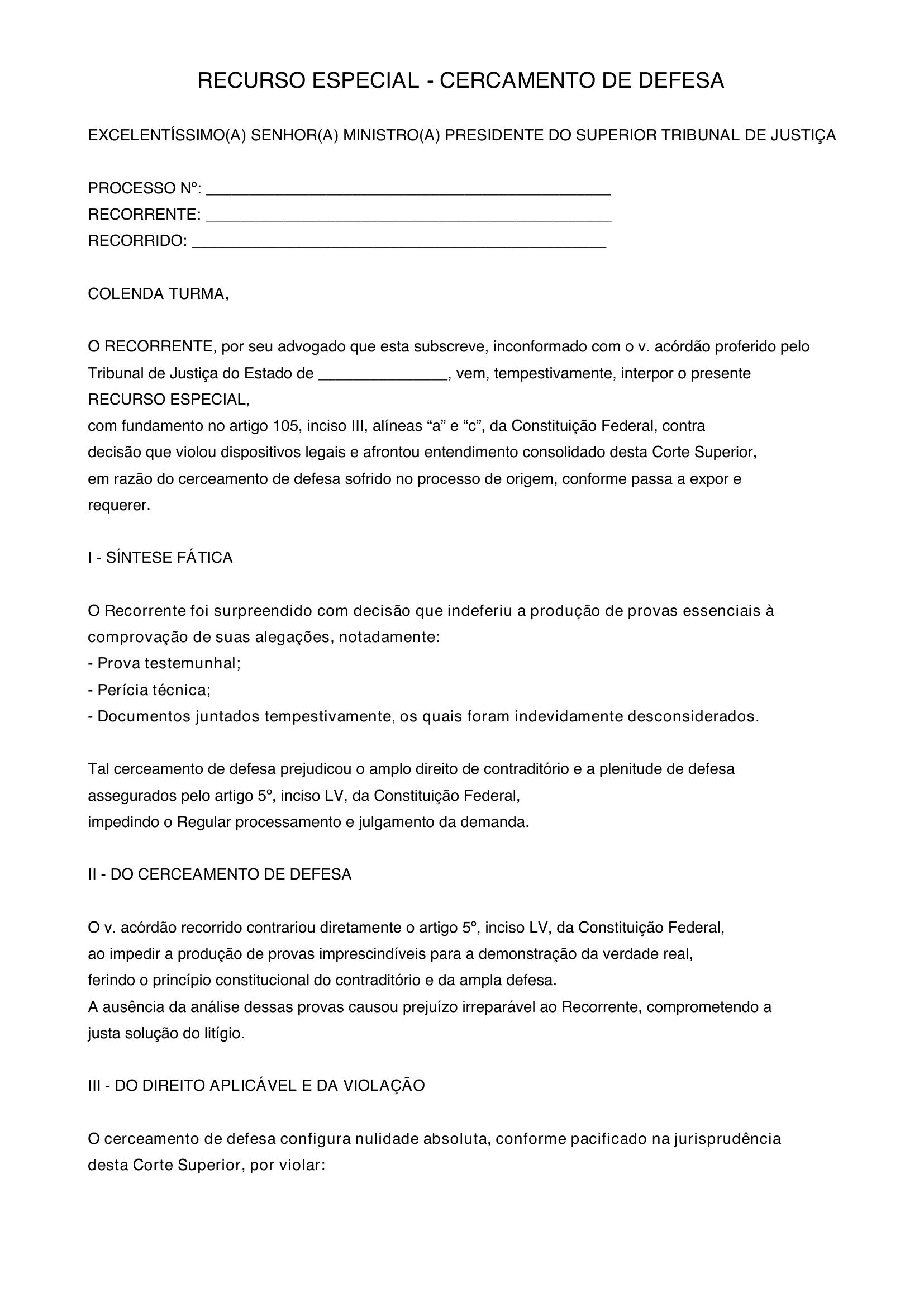 Modelo Recurso Especial Cerceamento De Defesa