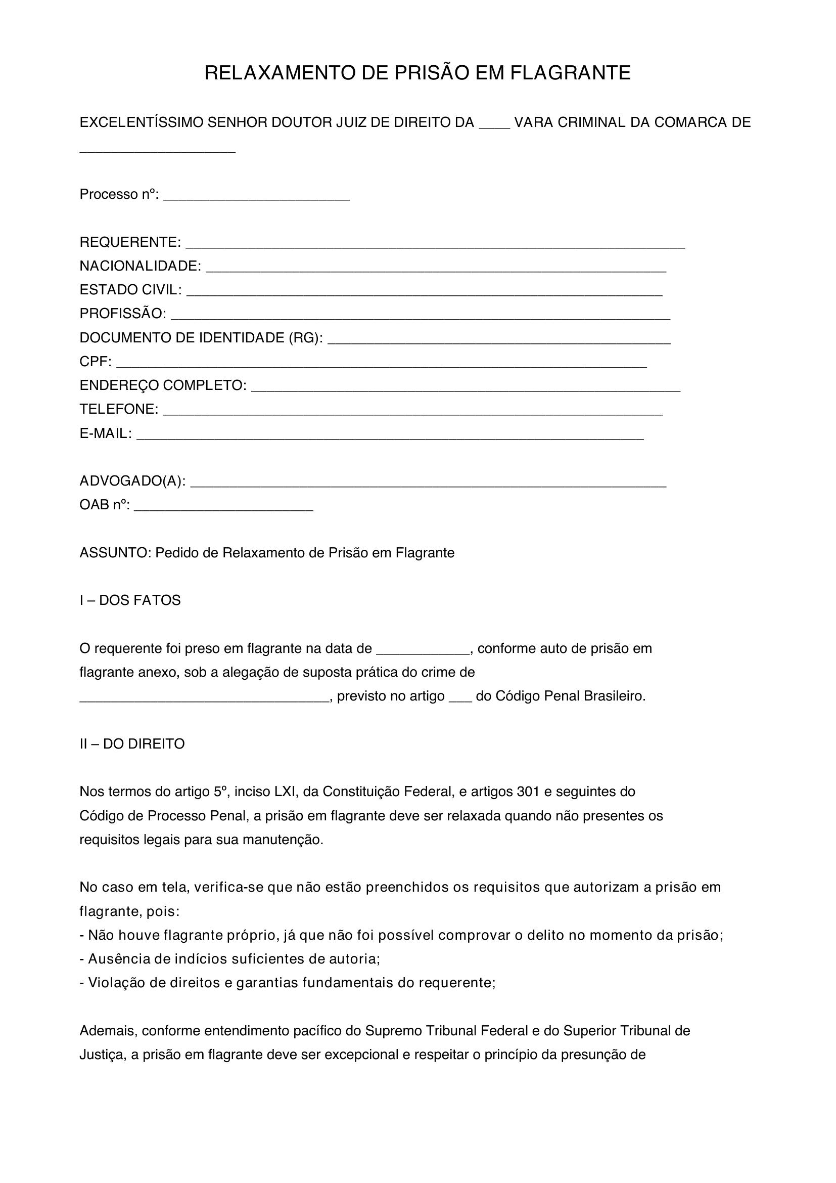 Modelo De Relaxamento De Prisão Em Flagrante