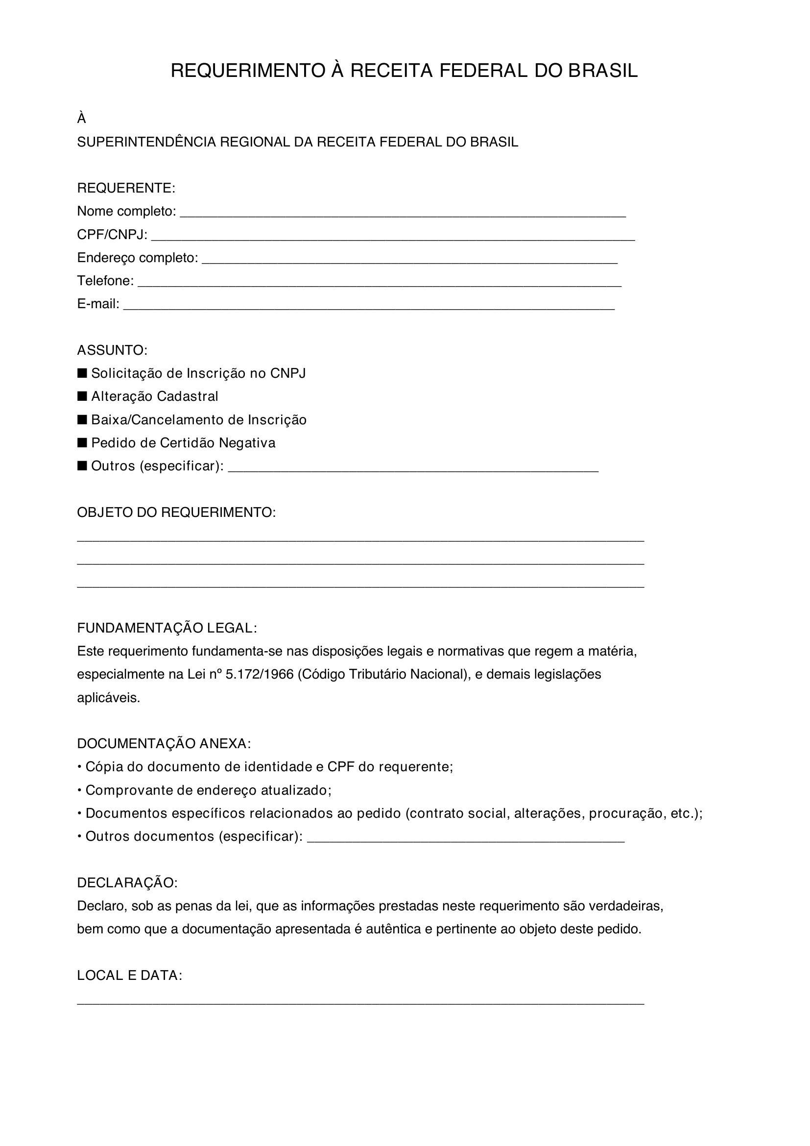 Modelo Requerimento Receita Federal