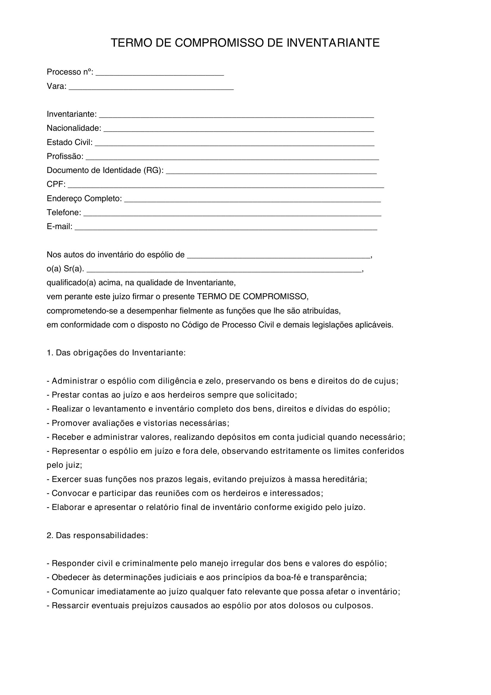 Modelo De Termo De Compromisso De Inventariante